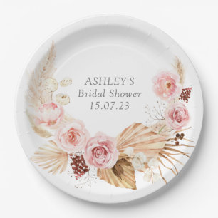 Boho floral pampas wreath Bridal Shower Paper Plate