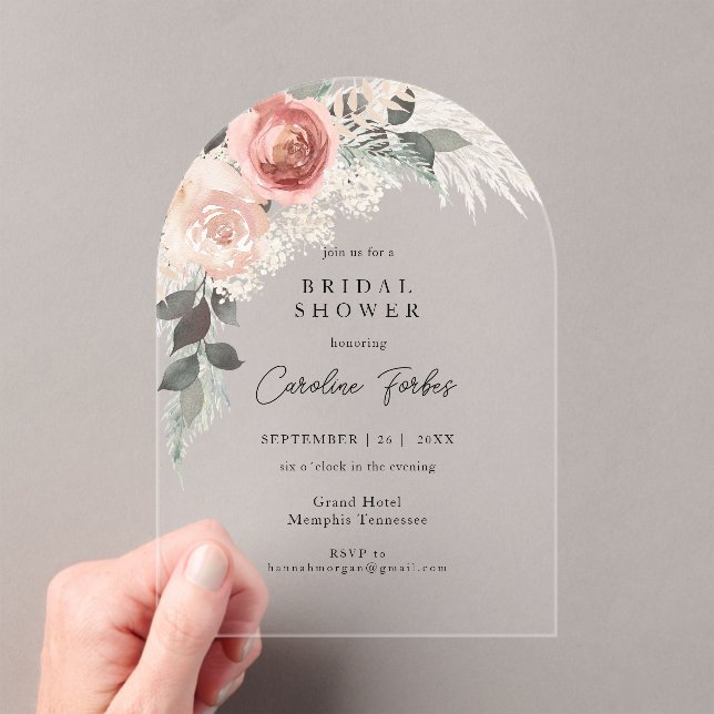 Boho, Floral, Pampasgras, Arch Bridal Shower Acrylic Invitations (Insitu (Handheld))