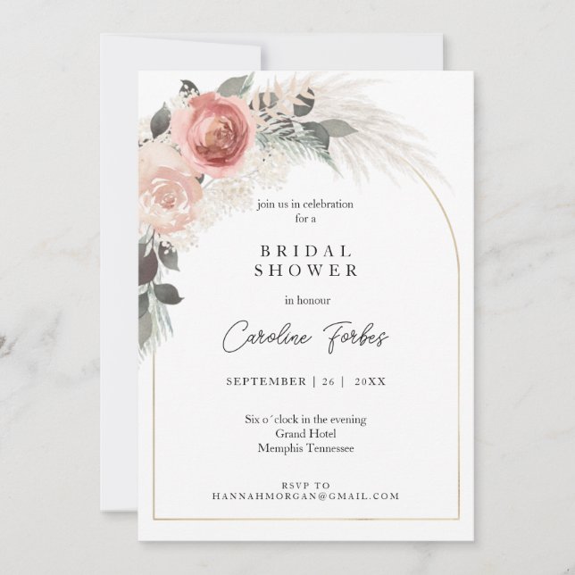 Boho, Floral, Pampasgras, Arch Bridal Shower Invitation (Front)