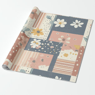 Boho Floral Patchwork in Terracotta and Sage Wrapping Paper