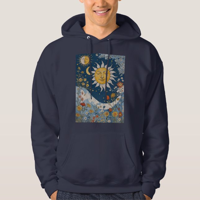 Boho Floral Patchwork Sun and Moon Hoodie (Front)