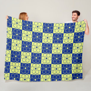 Boho Floral Pattern Blue Yellow Fleece Blanket