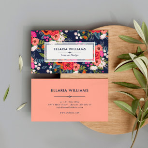 Boho Floral Pattern - Navy Blue & Coral Business Card