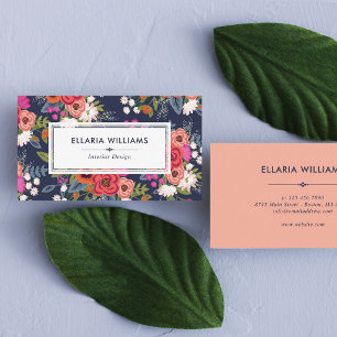 Boho Floral Pattern - Navy Blue & Coral Business Card
