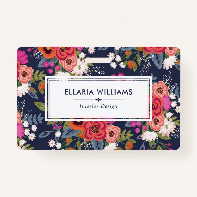Boho Floral Pattern - Navy Blue & Coral - Name ID Badge (Front)