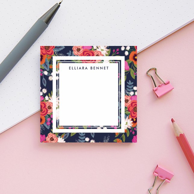 Boho Floral Pattern - Navy Blue - Custom Name Post-it Notes (Creator Uploaded)