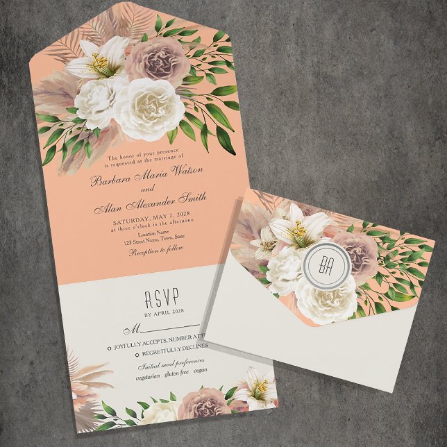 Boho Floral Peach Fuzz Wedding All In One Invitation (Creator Uploaded)
