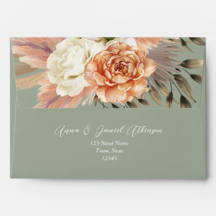 Boho Floral Peach Sage Green Wedding Envelope