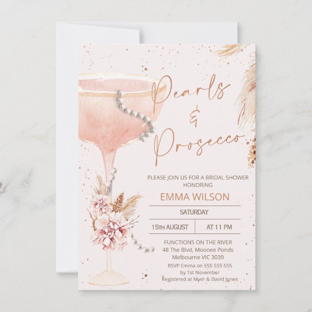 Boho Floral Pearls Prosecco Bridal Shower Invitation (Front)