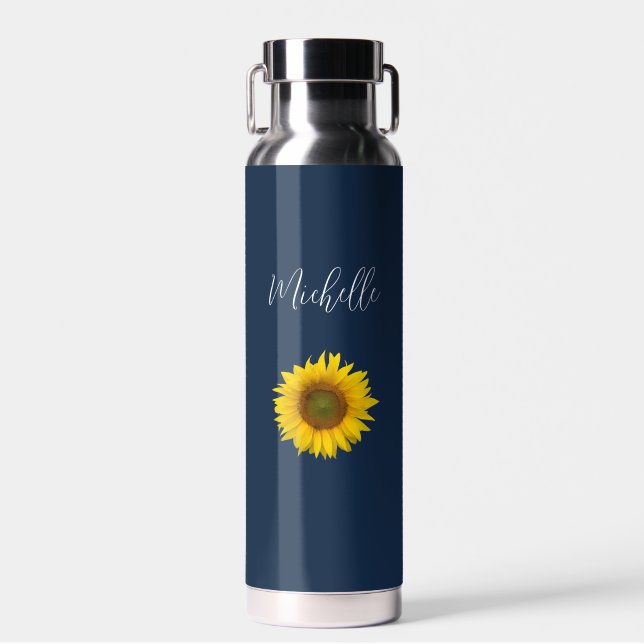 Boho Floral Peeking Sunflower Navy Blue Water Bottle (Front)