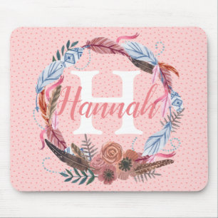 Boho Floral Personalize Custom Feather Initial Mouse Mat