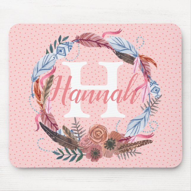 Boho Floral Personalize Custom Feather Initial Mouse Mat (Front)