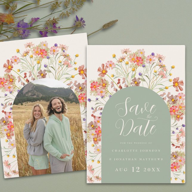 Boho Floral Photo Arch Wedding Save The Date (Boho wildflower floral arch sage green wedding save the date invitation Elegant script watercolor )