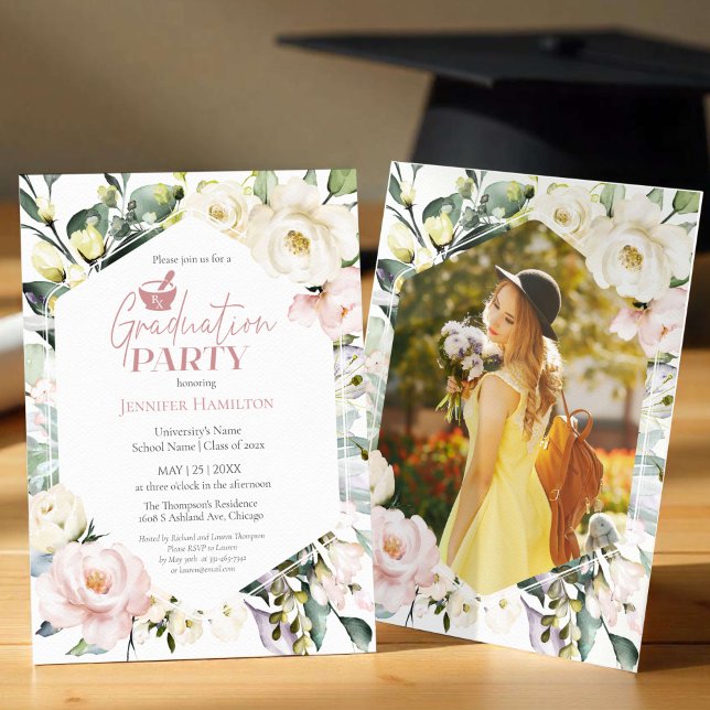 Boho Floral Photo Pharmacy School Graduation Party Invitation (Creator Uploaded)