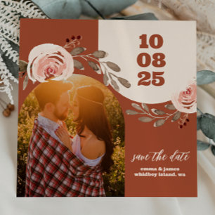 Boho Floral Photo Save the Date Card Burnt Orange