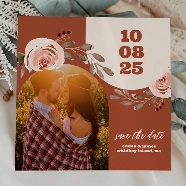 Boho Floral Photo Save the Date Card Burnt Orange (Creator Uploaded)