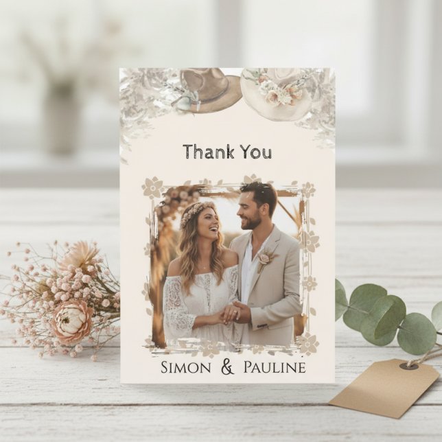 Boho Floral Photo Wedding Thank You Card (Creator Uploaded)