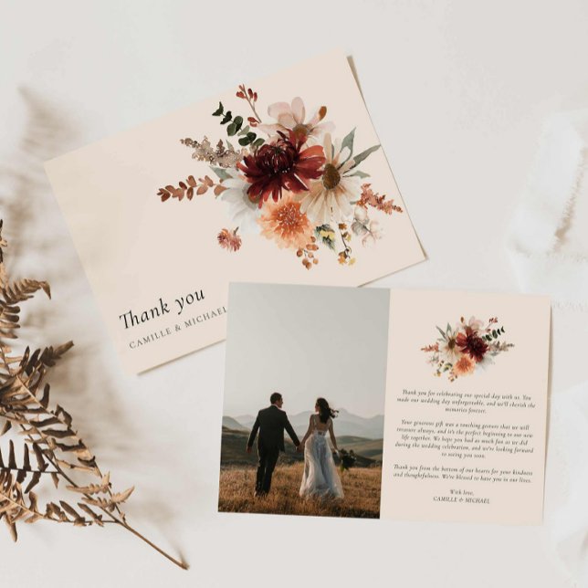Boho Floral Photo Wedding Thank you Card (Burgundy Floral Boho Wedding Thank you Card)