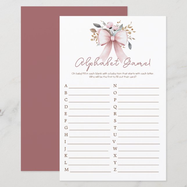 Boho Floral Pink Bow Girl Baby Shower Alphabet (Front/Back)