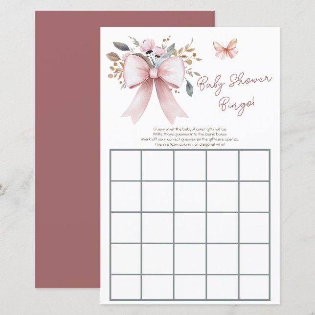 Boho Floral Pink Bow Girl Baby Shower Bingo (Front/Back)