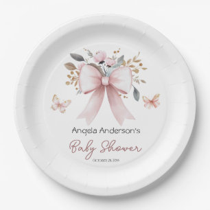 Boho Floral Pink Bow Girl Baby Shower Paper Plate