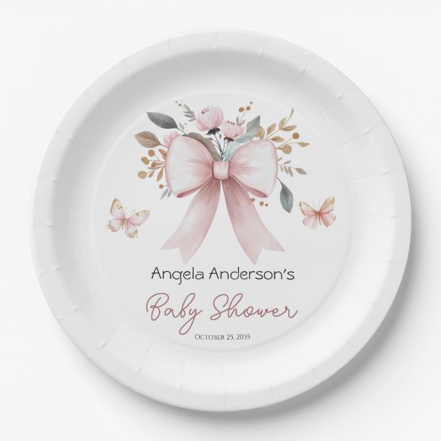 Boho Floral Pink Bow Girl Baby Shower Paper Plate (Front)