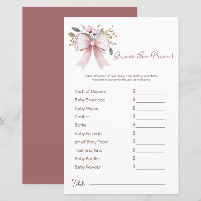 Boho Floral Pink Bow Girl Baby Shower Price Guess (Front/Back)