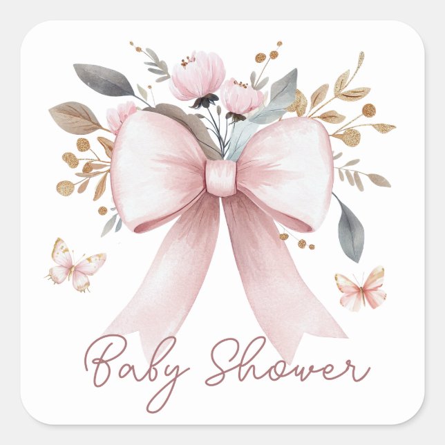 Boho Floral Pink Bow Girl Baby Shower Square Sticker (Front)
