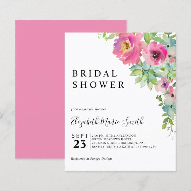 Boho Floral Pink Budget Bridal Shower Invitation (Front/Back)