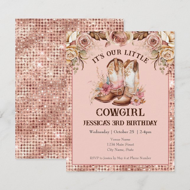 Boho Floral Pink Cowgirl Birthday Rodeo Invitation (Front/Back)