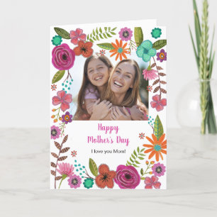 Boho floral pink girly mothers day drawing card