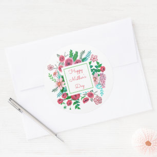 Boho floral pink girly mothers day drawing classic round sticker