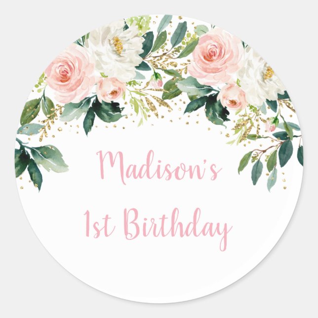 Boho Floral Pink Gold Birthday Classic Round Sticker (Front)