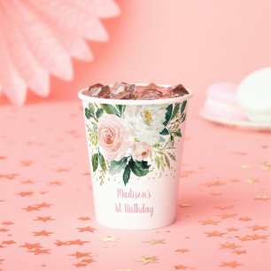 Boho Floral Pink Gold Birthday Paper Cups