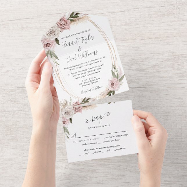 Boho Floral Pink Pampas Grass Wedding with RSVP All In One Invitation (Tearaway)