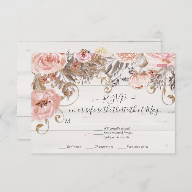 Boho Floral Pink Rose Rustic Wood RSVP Response (Front/Back)