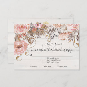 Boho Floral Pink Rose Rustic Wood RSVP Response
