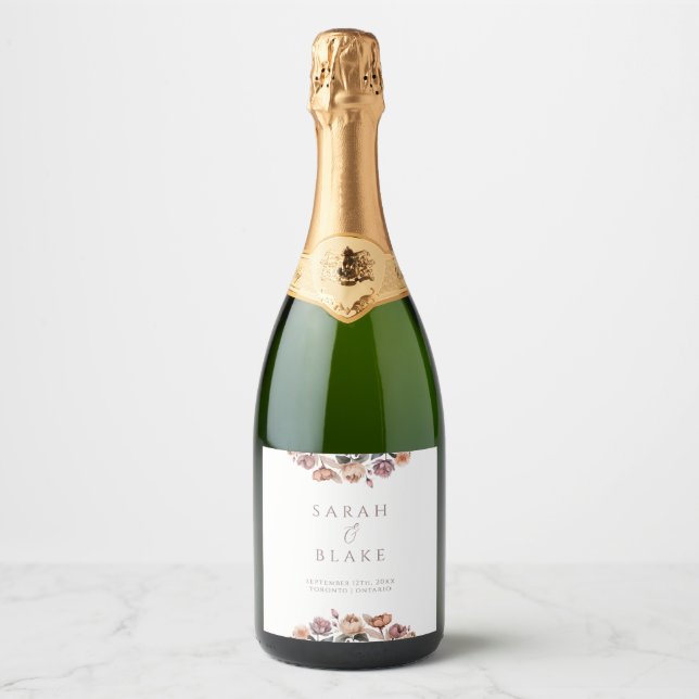 Boho Floral Pink Rose Wedding Sparkling Wine Label (Front)
