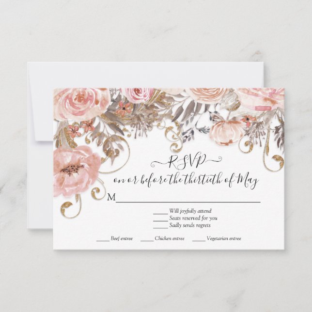 Boho Floral Pink Roses Earth Tone RSVP Response (Front)