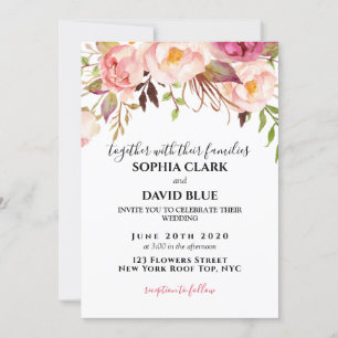 Boho Floral Pink Rustic Roses Modern Wedding Invitation