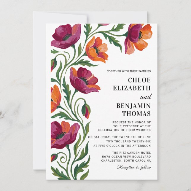 Boho Floral Poppy Hand Painted Wedding  Invitation (Front)