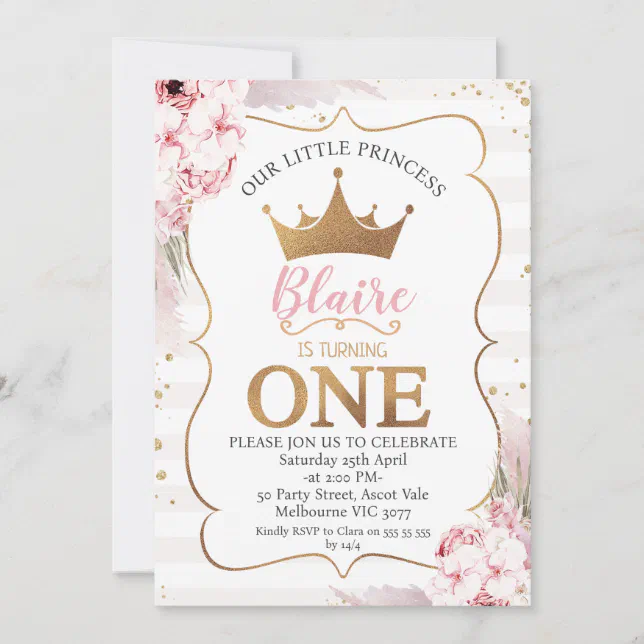 Boho Floral Princess Crown 1st Birthday Invitation | Zazzle