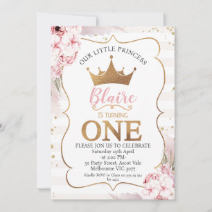 Boho Floral Princess Crown 1st Birthday Invitation