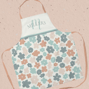 Boho Floral Print Monogram Family Name Apron