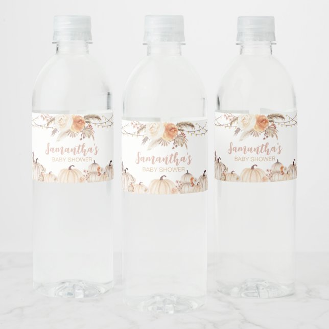 Boho Floral Pumpkin Baby Shower Water Bottle Label (Bottles)