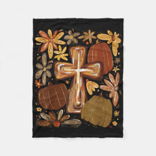 Boho Floral Pumpkin Cross Fall Jesus Christian Fai Fleece Blanket