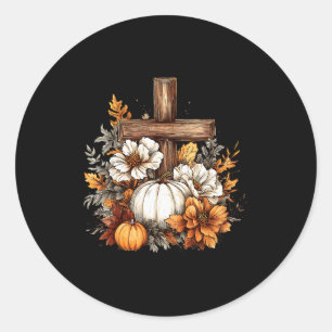 Boho Floral Pumpkin Cross Fall Jesus Christian Tha Classic Round Sticker