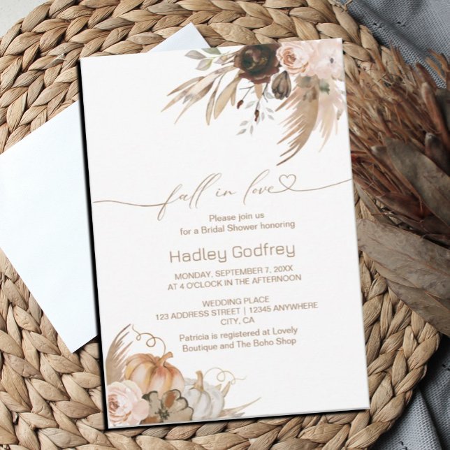 Boho Floral Pumpkin Fall in Love Bridal Shower Invitation (#zazzlemade #bridalshower #fallinlove #pumpkin #bohoinvitation)