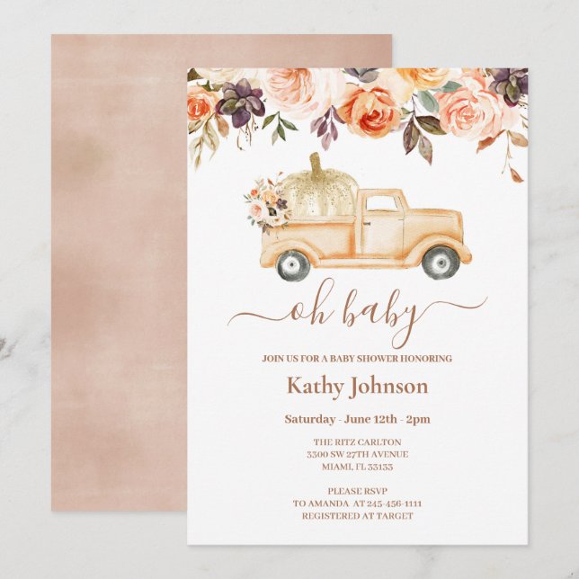 Boho Floral Pumpkin Pickup Truck Baby Shower  Invitation (Front/Back)