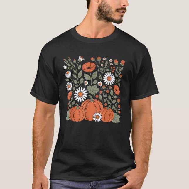 Boho Floral Pumpkin Season Cosy Vibes Ditsy Flower T-Shirt (Front)